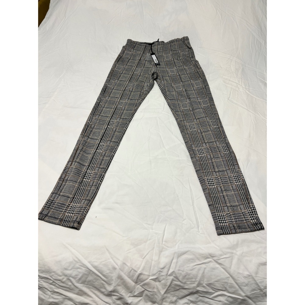 Tahari Seam Front Pull On Jegging Scottish Glen Plaid Black White Tan Size S NEW